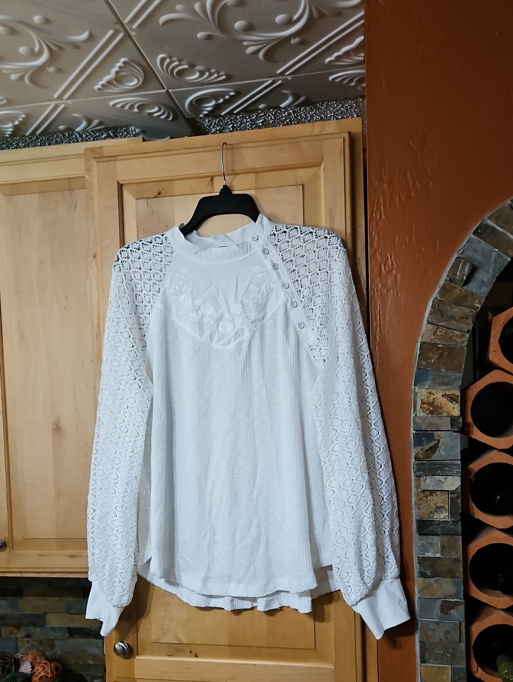 Free People Sweetest Thing Thermal Top White Floral Embroidery Knit Lace